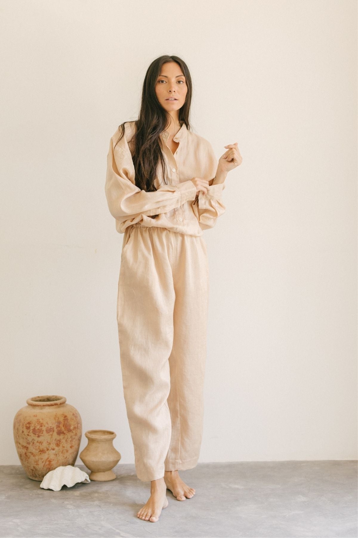 Gather Playsuit (Light Linen, Clay)