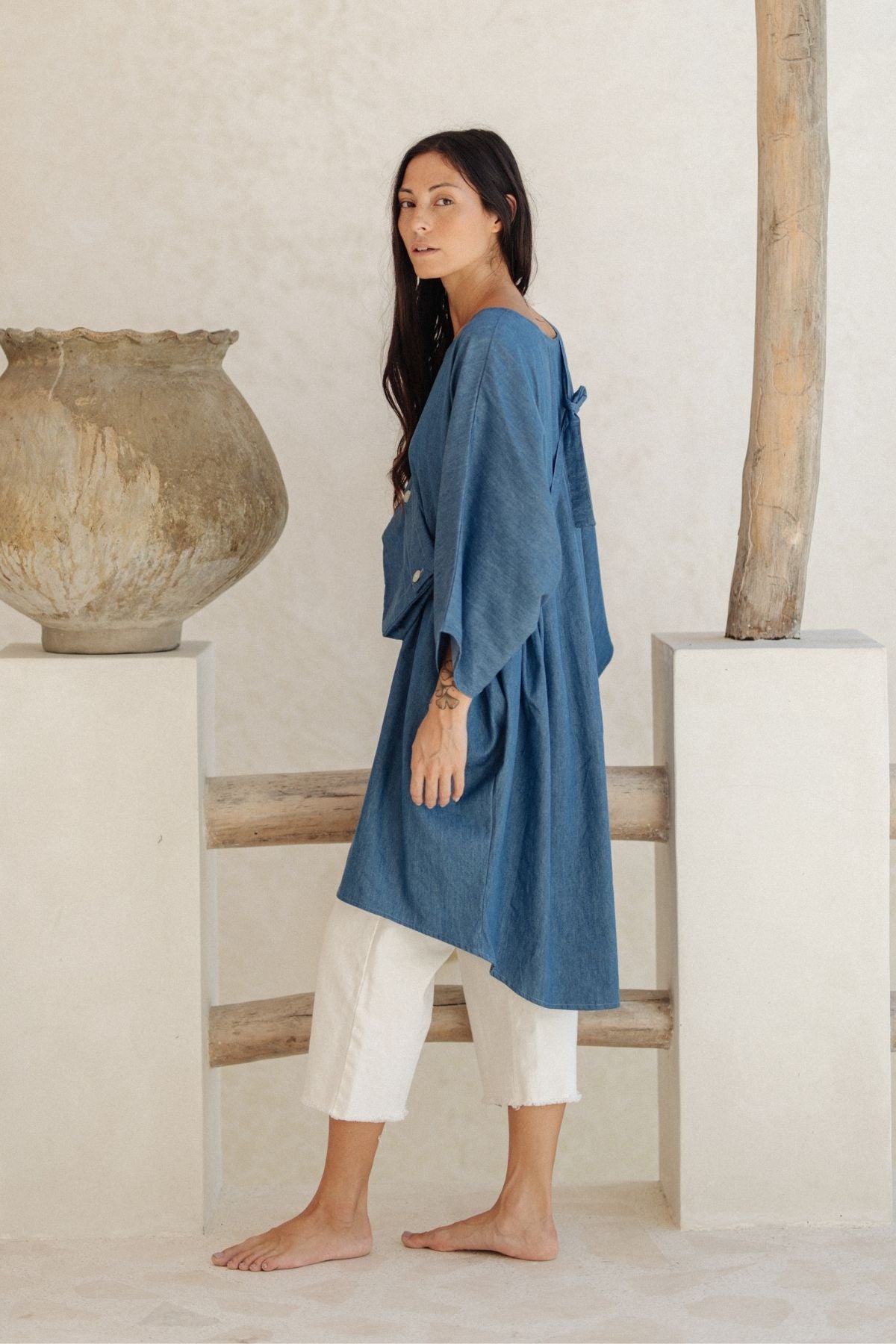 Stonewashed Denim Butterfly Tunic with Hip Satchel